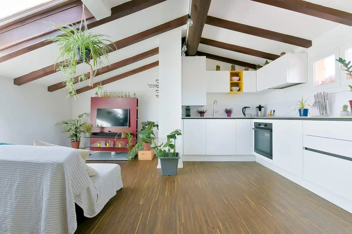 Open space con letto e cucina, attico Modena